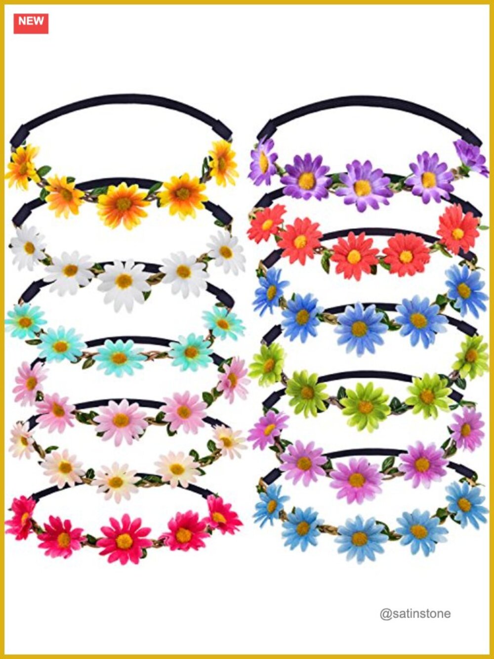 12 Piece Daisy Flower Headband Set Adjustable Elastic Floral Wreath Hippie